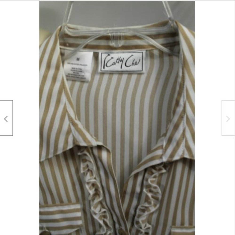 Kathy Che Tan + White Stripe Blouse Ruffle Trim M - Picture 5 of 5